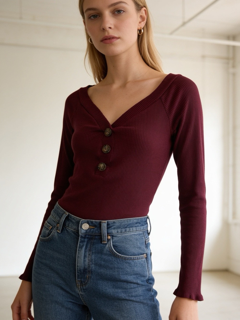 Lulus Burgundy Ribbed Henley V-Neck Long Sleeve Bodysuit Size Large